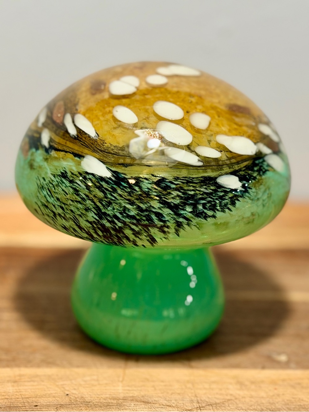 Vintage Handblown Green Glass Mushroom Paperweight - Decorative Home Art